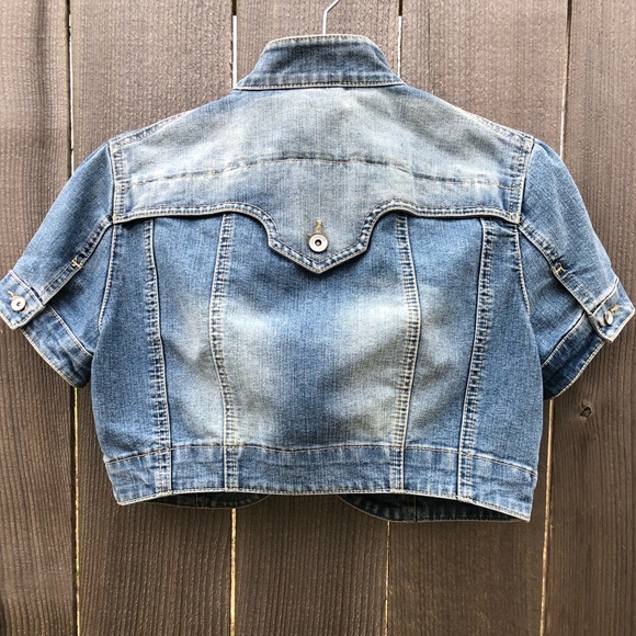 MNG Jeans Faded Cropped Denim Jacket Size Medium - Picture 2 of 4